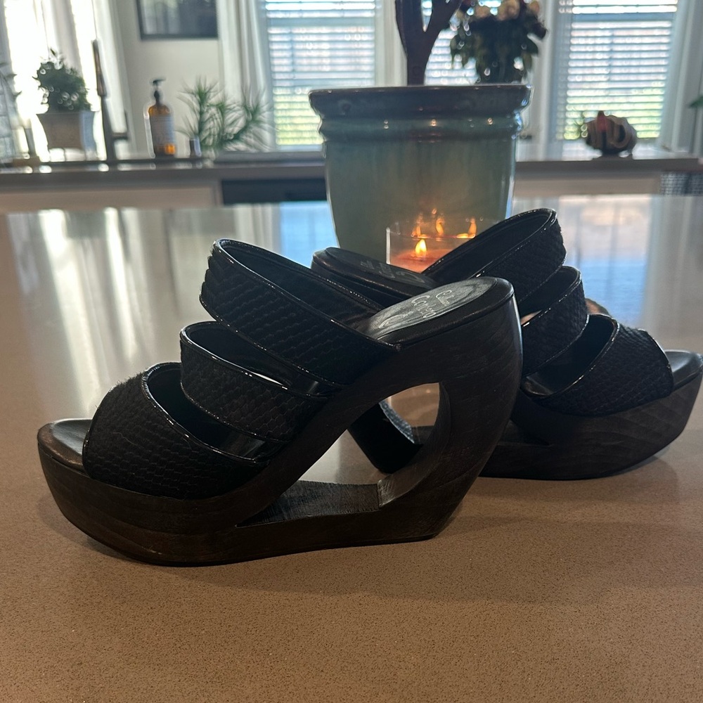 Calleen Cordero Platform Cut Out Strappy Wood Wedge Sandals